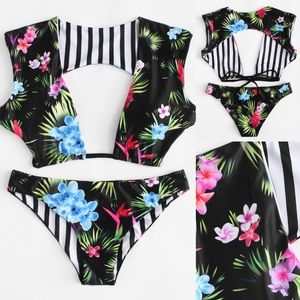 🆕GREAT FIT! Black w/ Tropical print 2piece bikini Lare
